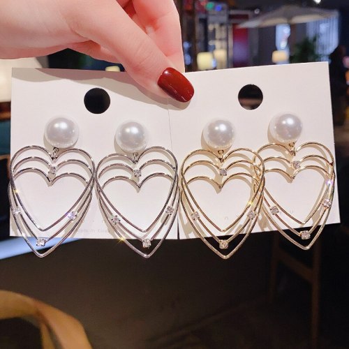 Wholesale 925 Silver Needle Love Heart Earrings Women's Multi-Layer Pearl Ear Studs Earrings Dropshipping