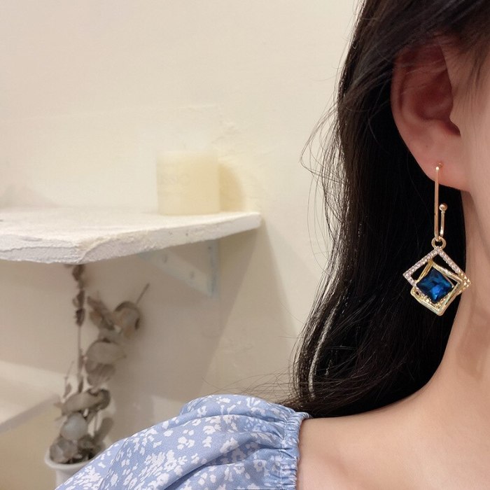 wholesale 925 Silver Needle New Geometric Hollow Hook Earrings Women's Blue Gemstone Earrings