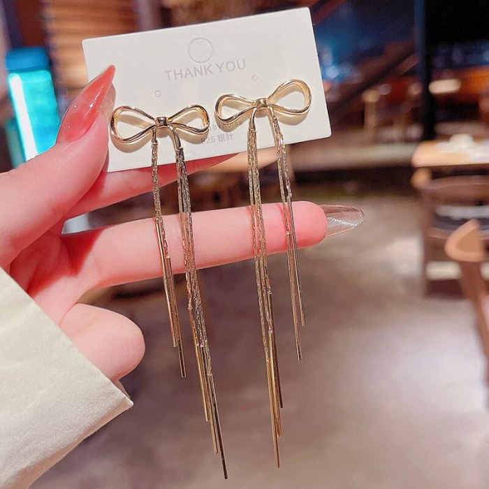 Wholesale Sterling Silver Needle Long Tassel Bow Earrings for Women Dropshipping