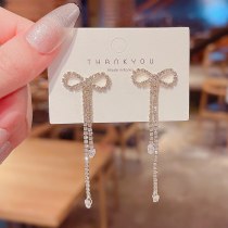 S925 silver needle full diamond bow long tassel earrings female ins tide niche advanced design earrings.