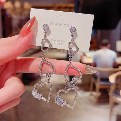 Wholesale Sterling Silver Pin Long Love Heart Full Rhinestone Tassel Earrings Female Earrings Jewelry Gift