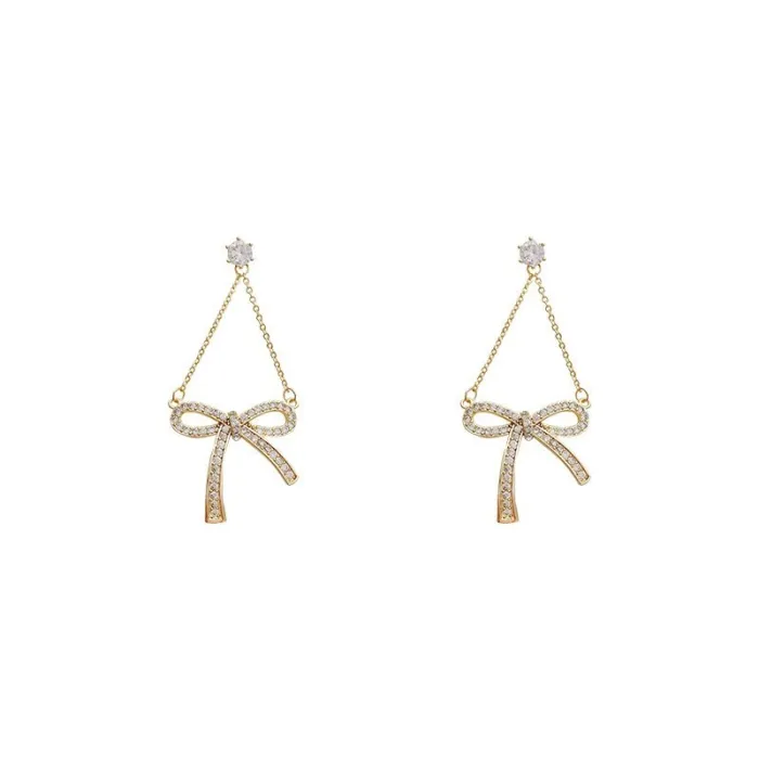 Wholesale Sterling Silver Pin Bowknot Earrings Women's Full Diamond Chain Earrings Jewelry Gift