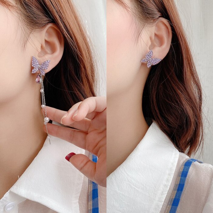 Wholesale Sterling Silver Pin Butterfly Pearl Earrings Female Tassel Earrings Jewelry Gift