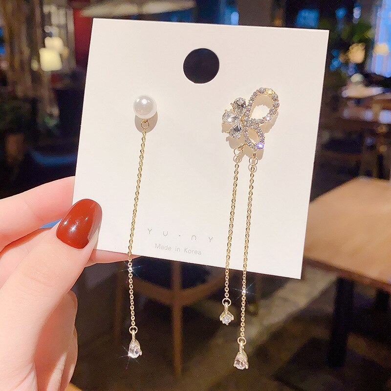 Wholesale 925 Silver Pin Butterfly Tassel Earrings Long Asymmetric Pearl Earrings Jewelry Gift
