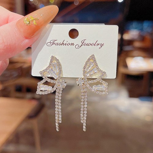 Wholesale Sterling Silver Pin New Bow Zircon Earrings Female Tassel Ear Studs Earrings Jewelry Gift