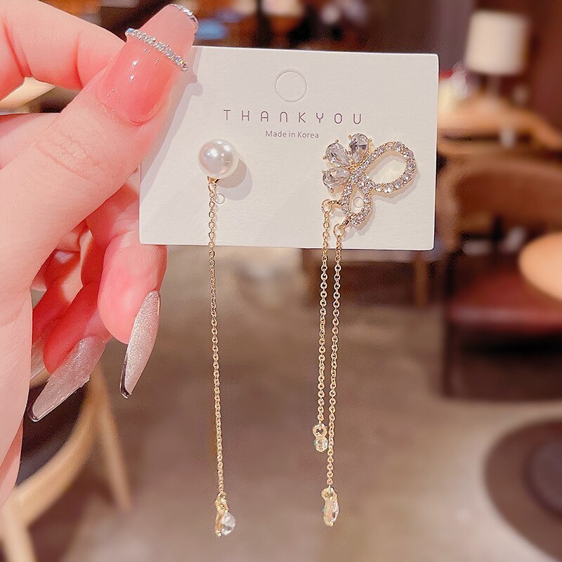 Wholesale 925 Silver Pin Butterfly Tassel Earrings Long Asymmetric Pearl Earrings Jewelry Gift