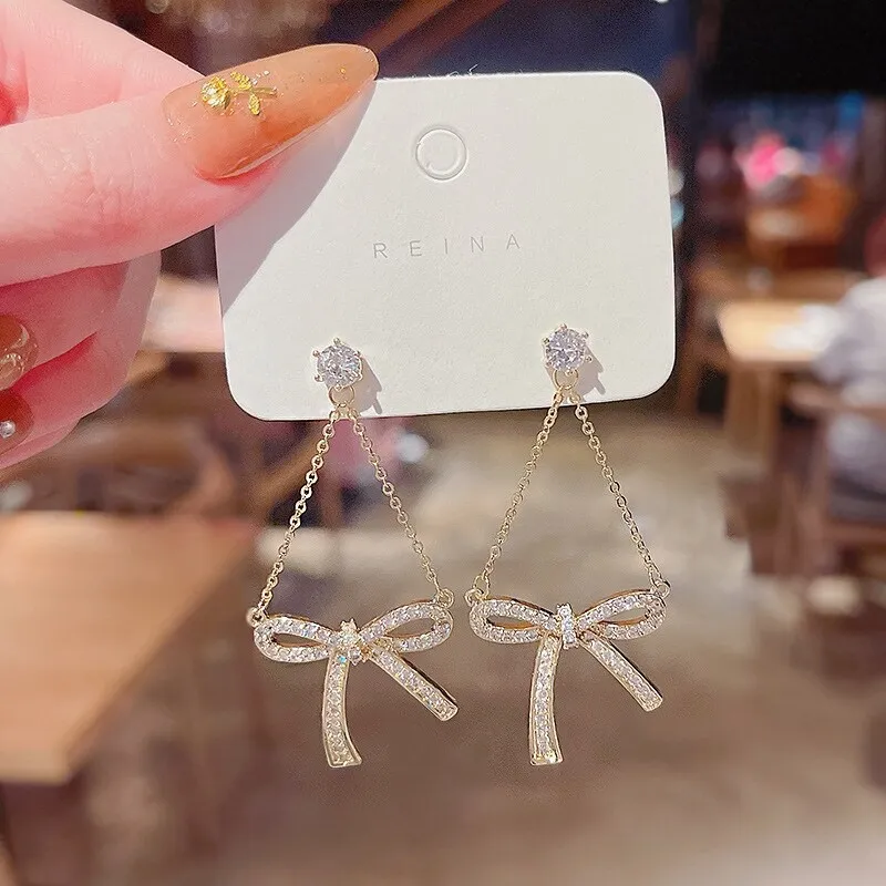 Wholesale Sterling Silver Pin Bowknot Earrings Women's Full Diamond Chain Earrings Jewelry Gift