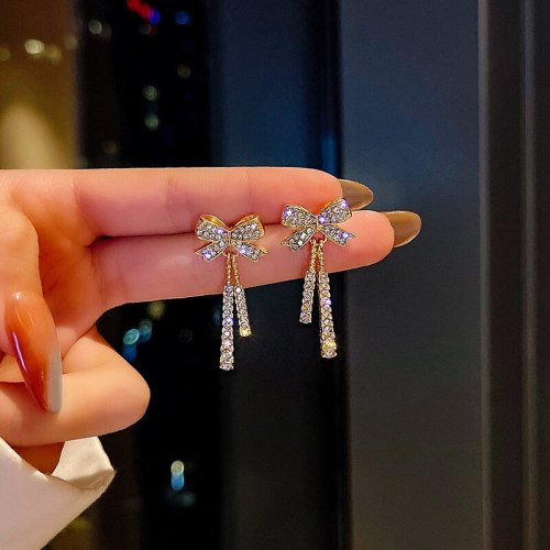 Wholesale Sterling Silver Pin New Diamond Long Bow Tie Earrings Female Stud Earrings Jewelry Gift