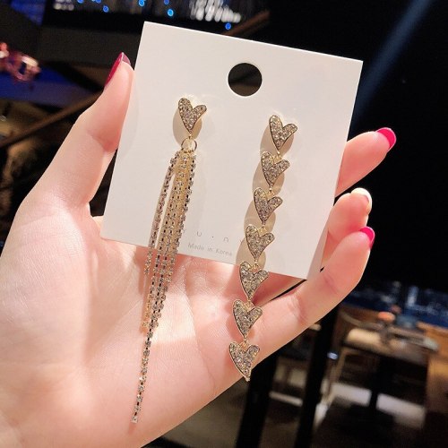 Wholesale Long Diamond-Studded Tassel Earrings Women's  Asymmetric Love Heart Stud Earrings Women's Jewelry Gift 821
