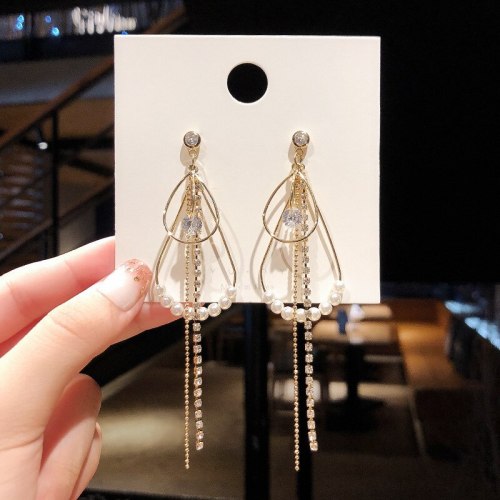 Wholesale S925 Silver String of Pearls Earrings RhinestoneEncrusted Chain Zircon  Long Earrings Jewelry Gift