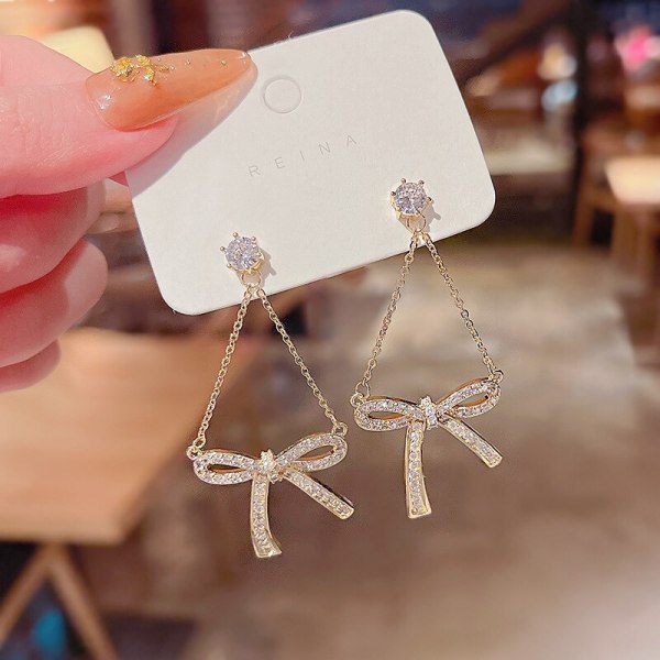 Wholesale Sterling Silver Pin Bowknot Earrings Women's Full Diamond Chain Earrings Jewelry Gift