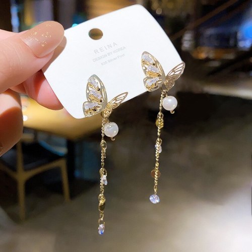 Wholesale 925 Silver Pin Zircon Butterfly Earrings Female Long Pearl Tassel Stud Earrings Jewelry Gift