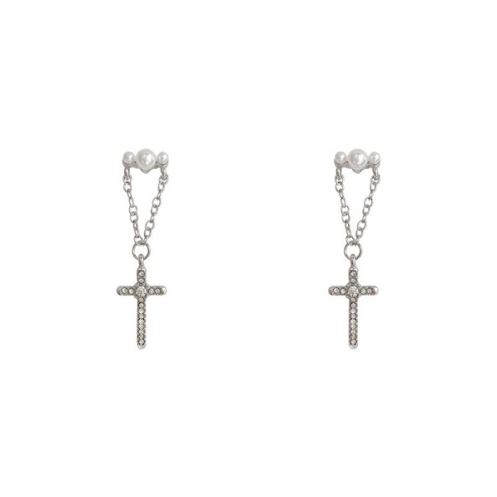 Wholesale Sterling Silver Pin Full Diamond Cross Pearl Earrings Female Chain Eardrops Earrings Jewelry Gift