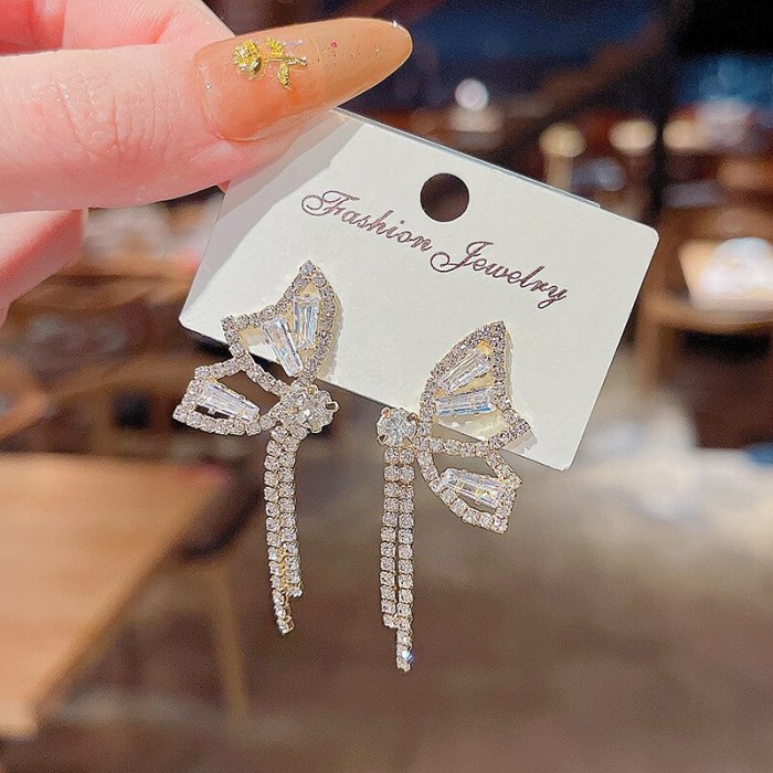 Wholesale Sterling Silver Pin New Bow Zircon Earrings Female Tassel Ear Studs Earrings Jewelry Gift