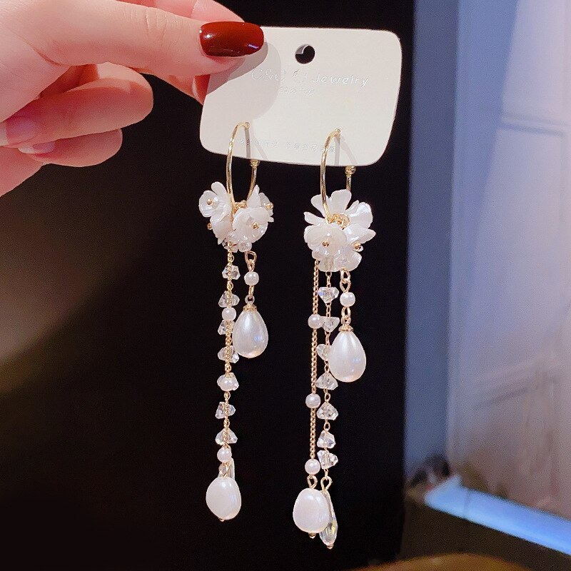 Wholesale 925 Silver Pin Flower Pearl Earrings Women's Long Tassel Ear Studs Jewelry Gift