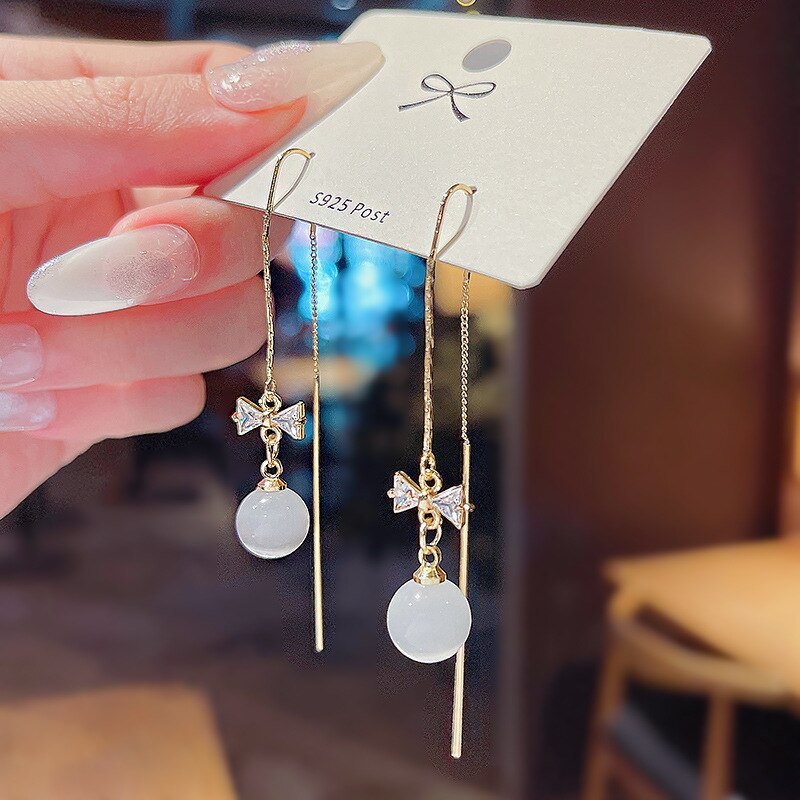 Wholesale Sterling Silver Pin Opal Bow Pendant Long Ear Line Earrings for Women Jewelry Gift