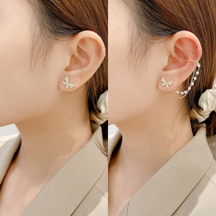 Wholesale Butterfly Asymmetric Earrings Female Pearl Chain Stud Earrings 925 Silver Pin Earrings Jewelry Gift