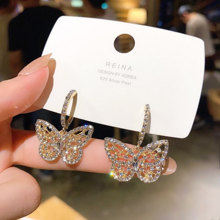 Wholesale Sterling Silver Pin Full Diamond Butterfly Earrings for Women Jewelry Gift