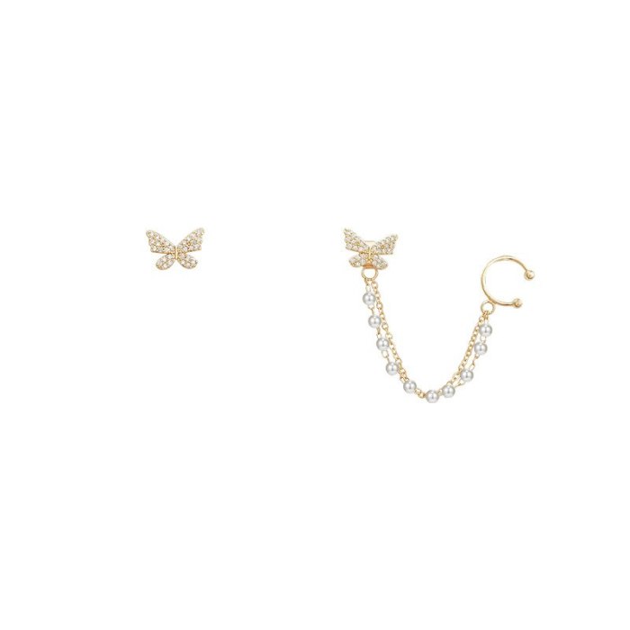Wholesale Butterfly Asymmetric Earrings Female Pearl Chain Stud Earrings 925 Silver Pin Earrings Jewelry Gift