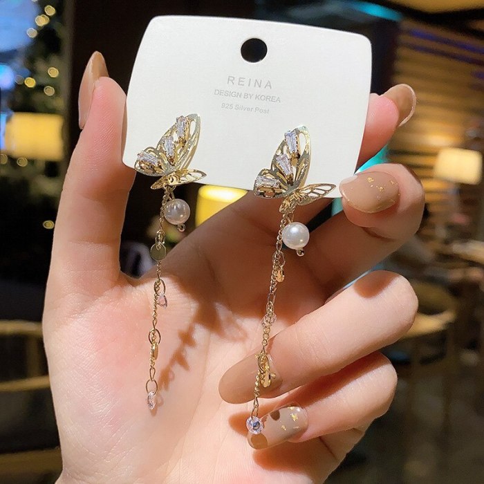 Wholesale 925 Silver Pin Zircon Butterfly Earrings Female Long Pearl Tassel Stud Earrings Jewelry Gift