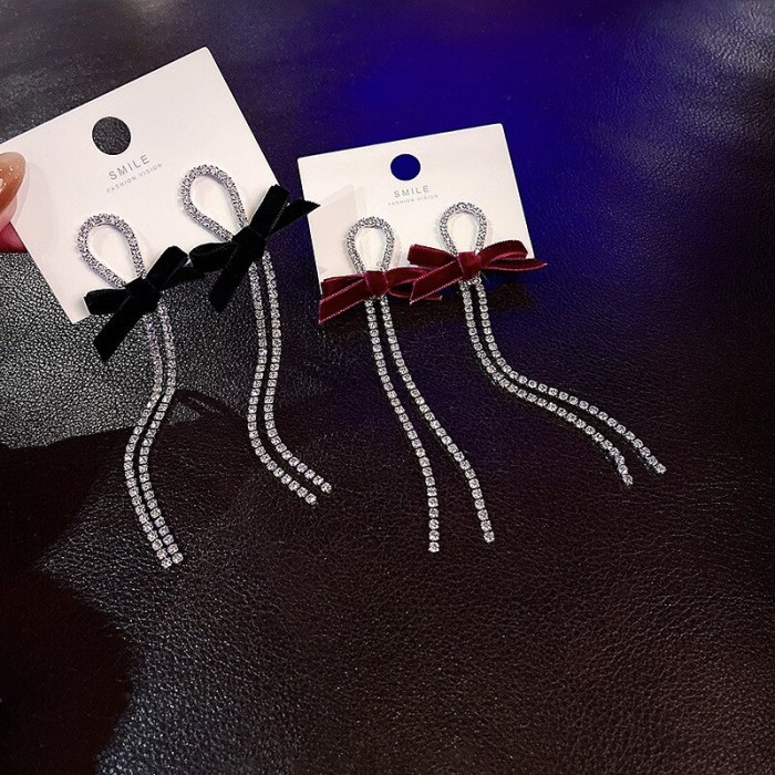 Wholesale Sterling Silver Pin Long Tassel Earrings Black Bow Rhinestone Earrings for Women Jewelry Gift