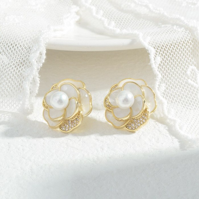 Wholesale Sterling Silver Pin Post New Camellia Stud Earrings Pearl Zircon Earrings for Women Jewelry Gift