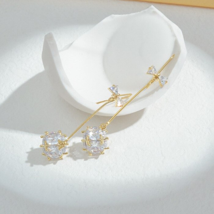 Wholesale Sterling Silver Pin Post Zircon Long Bow Tie Stud Drop Earrings for Women Lucky Ball Earrings Jewelry Gift