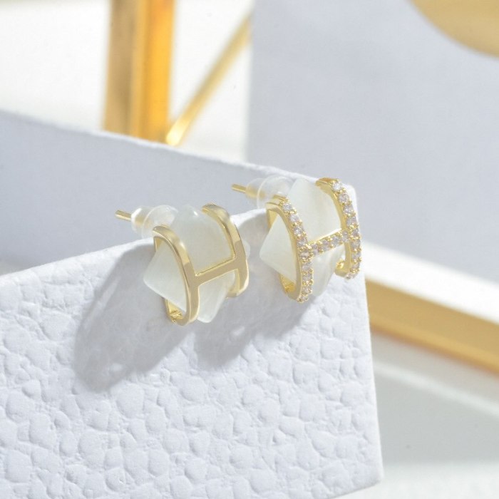 Wholesale Opal H Alphabet Letter Earrings Women's Sterling Silver Pin Post Earrings Jewelry Gift