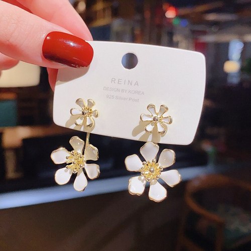 Wholesale 925 Silver Pin Post Oil Dripping White Small Flower Stud Earrings Daisy  Back Hanging Eardrop Earring Jewelry Gift