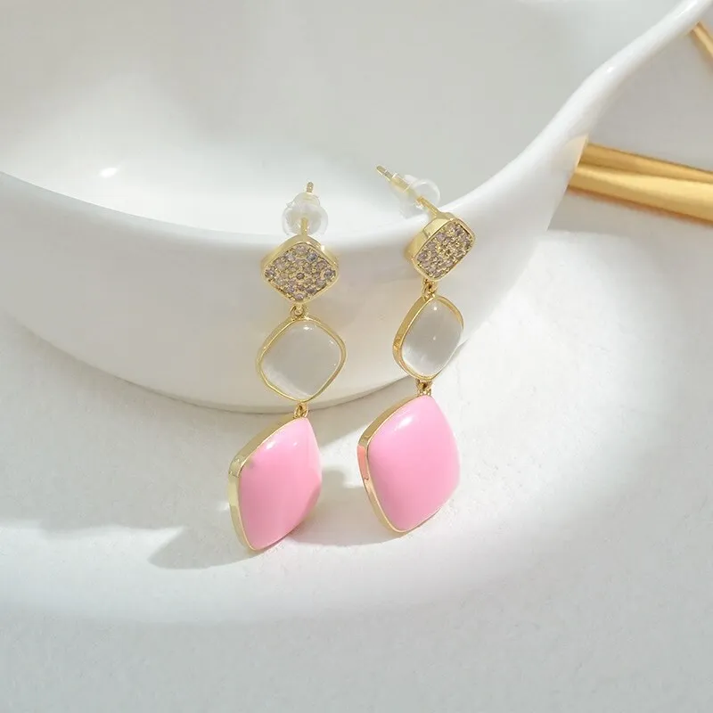 Wholesale Sterling Silver Pin Post Long Opal Stone Studs Women's Zircon Dripping Square Earrings Jewelry Gift