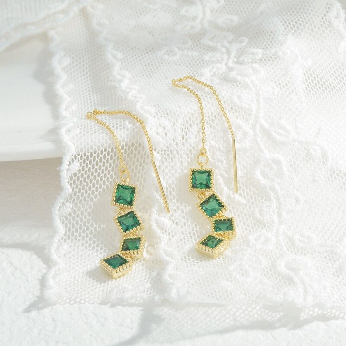 Wholesale Emerald Square Lines Women's Long Fringe Earrings Stud Earrings 925 Silver Pin Earrings Eardrops Jewelry Gift
