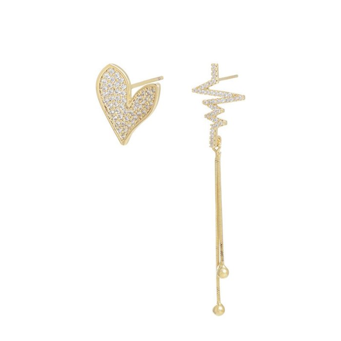 Wholesale Zircon Asymmetric  Love Heart Stud Earrings Female Women Sterling Silver Pin Post Tassel Earrings Jewelry Gift