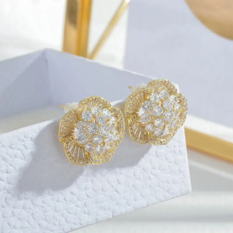 Wholesale Full Diamond Petal Zircon Stud Earrings Female Women Sterling Silver Pin Post Earrings Jewelry Gift
