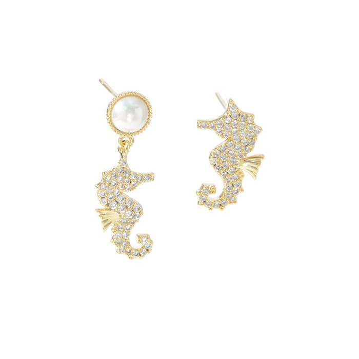 Wholesale Asymmetric Seahorse Stud Earrings for Women Sterling Silver Pin Post Zircon Ornament Jewelry Gift