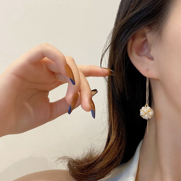 Wholesale Sterling Silver Pin Post Pearl Ball Pendant Ear Line Earrings for Women Jewelry Gift