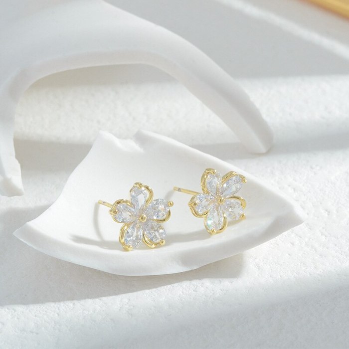 Wholesale Zircon Petal Stud Earrings Women's Sterling Silver Pin Post Earrings Jewelry Gift