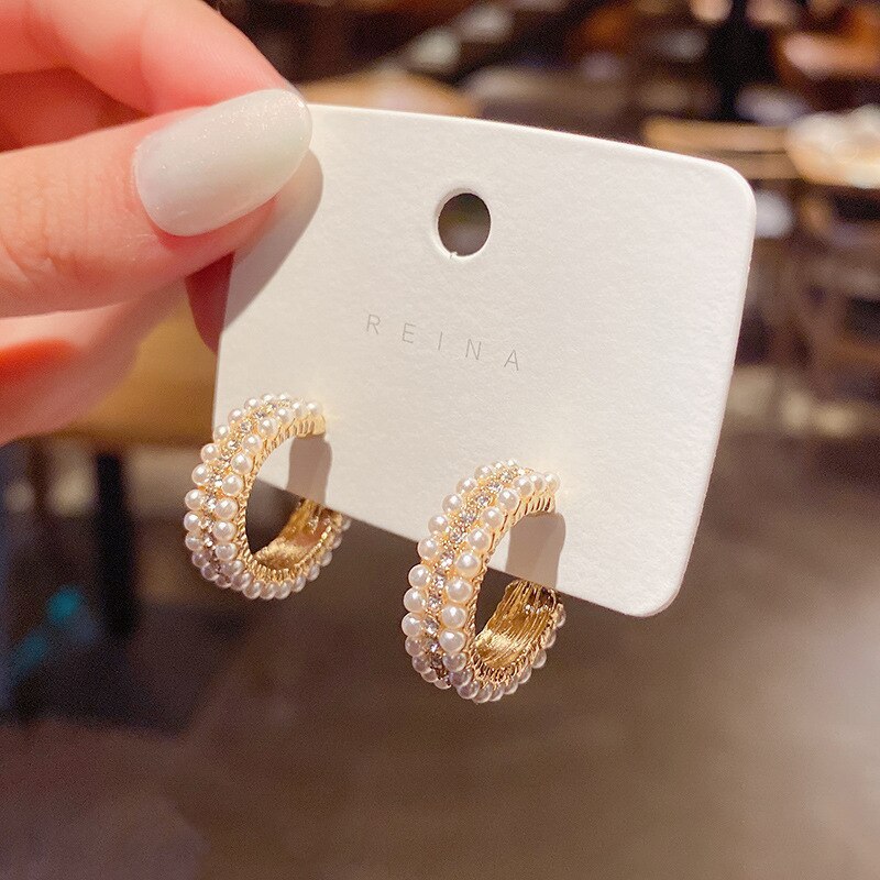 Wholesale Sterling Silver Pin Post Circle Geometric Pearl Earrings Female Women Stud Earrings Jewelry Gift