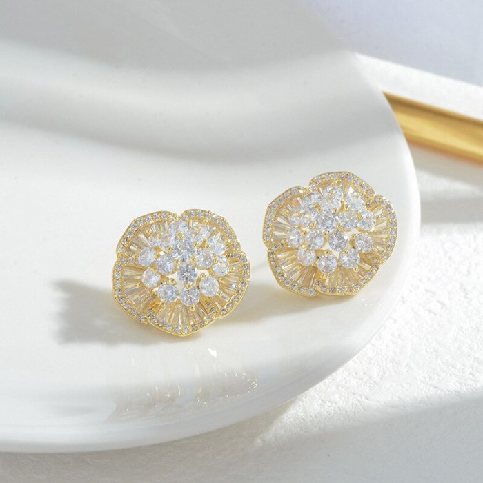 Wholesale Full Diamond Petal Zircon Stud Earrings Female Women Sterling Silver Pin Post Earrings Jewelry Gift