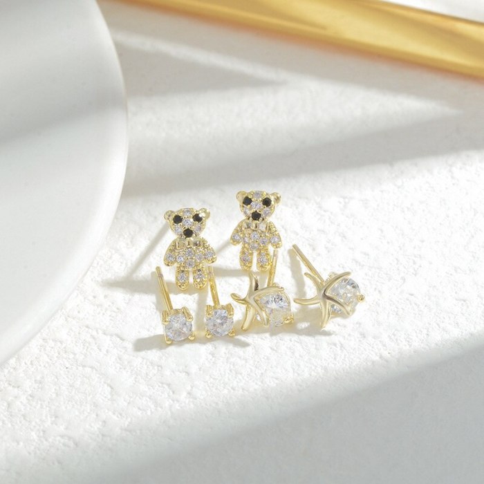 Wholesale Sterling Silver Pin Post Bear Studs Student Three Pairs Female Women Pierced Earrings Jewelry Gift