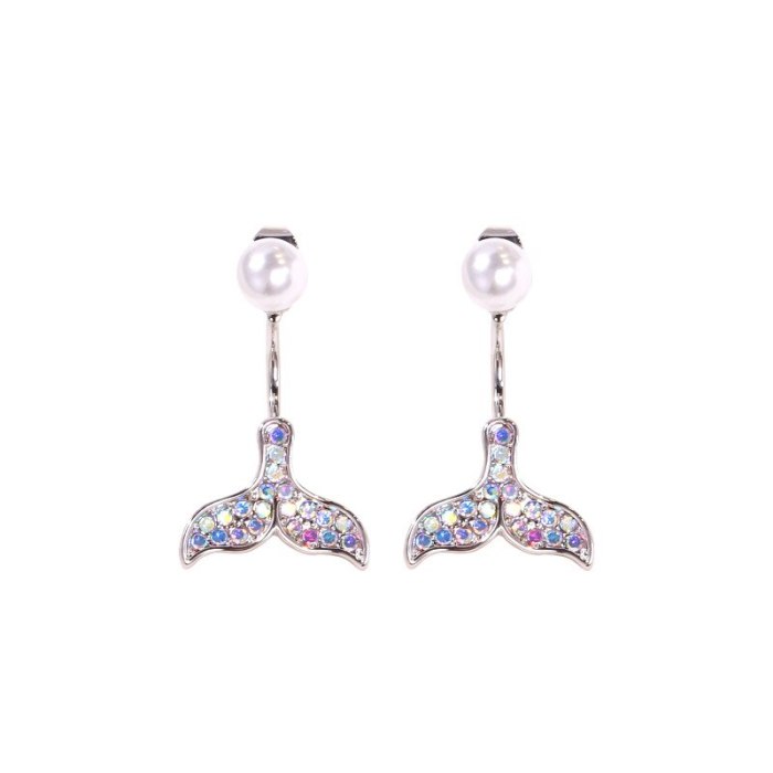 Wholesale One Style for Dual-Wear Mermaid Tail Earrings Back Hanging Rhinestone Pearl  Female Women Stud Earrings Jewelry Gift