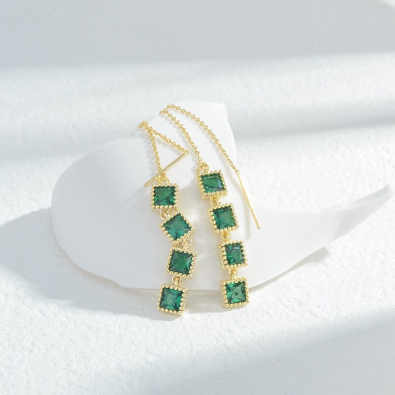 Wholesale Emerald Square Lines Women's Long Fringe Earrings Stud Earrings 925 Silver Pin Earrings Eardrops Jewelry Gift