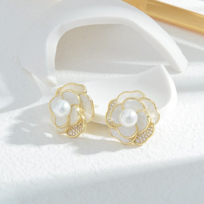 Wholesale Sterling Silver Pin Post New Camellia Stud Earrings Pearl Zircon Earrings for Women Jewelry Gift