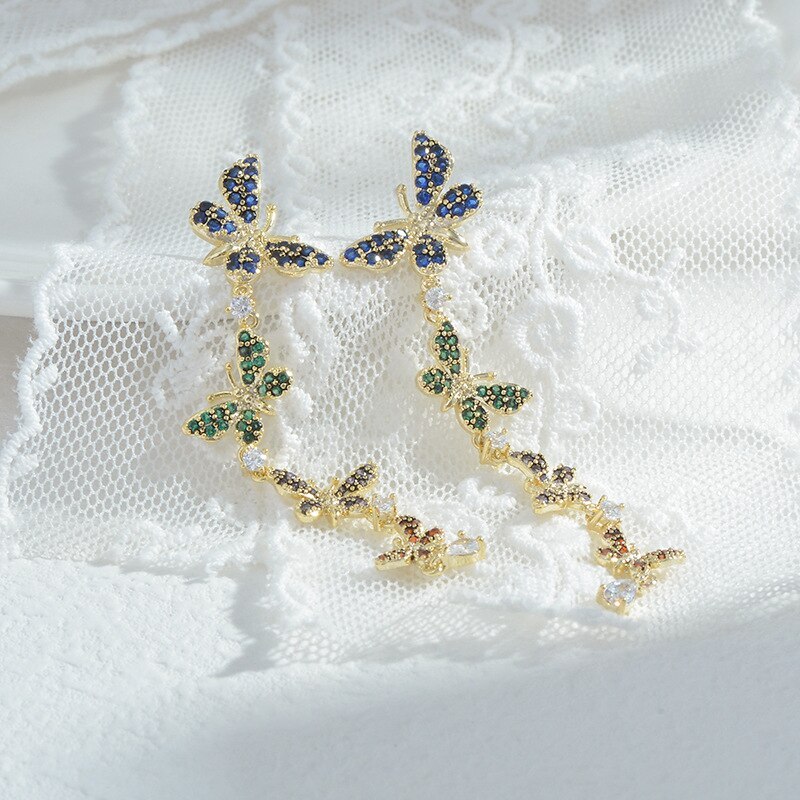 Wholesale Colorful Zircon Butterfly Studs Female Women Sterling Silver Pin Post Earrings Jewelry Gift
