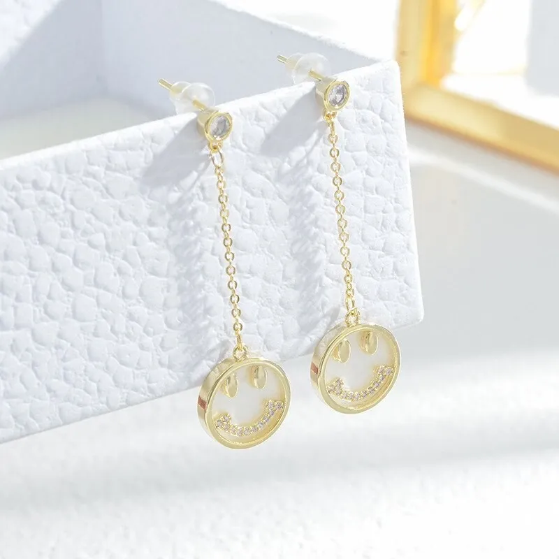 Wholesale Zircon Double T Smiley Face Ear Studs Female Women Sterling Silver Pin Post Earrings Jewelry Gift