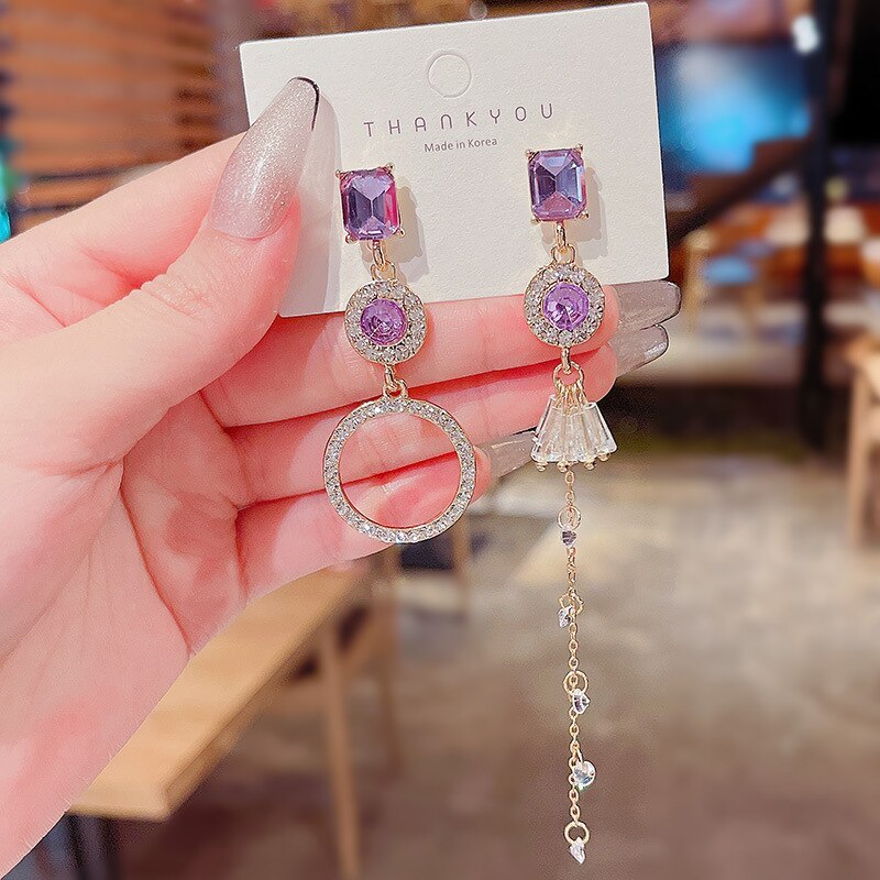 Wholesale Sterling Silver Pin Post Asymmetric Purple Zircon Earrings Female Women Stud Earrings Jewelry Gift