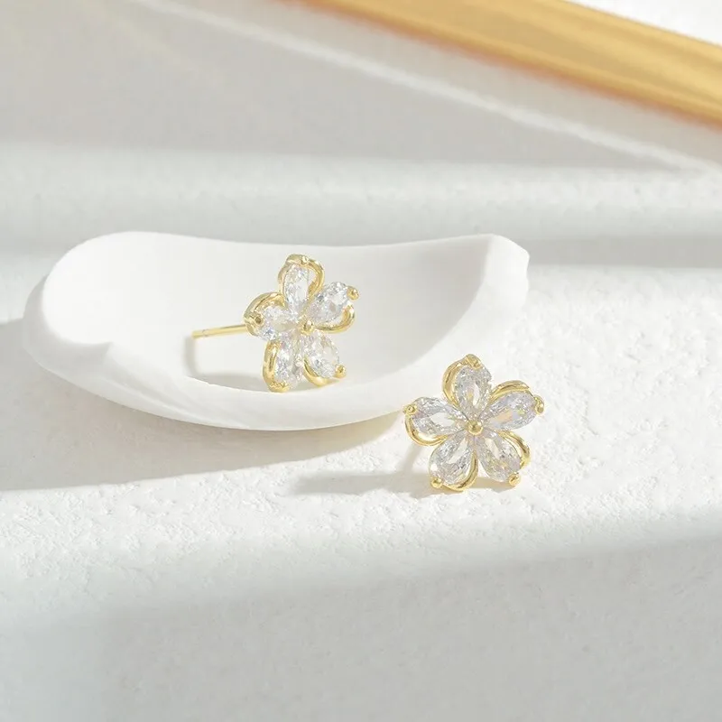 Wholesale Zircon Petal Stud Earrings Women's Sterling Silver Pin Post Earrings Jewelry Gift