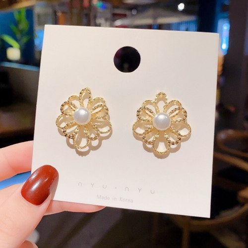 Wholesale 925 Silver Pin Post Hollow Flower Earrings Female Women Stud Earrings Pearl Earrings Jewelry Gift
