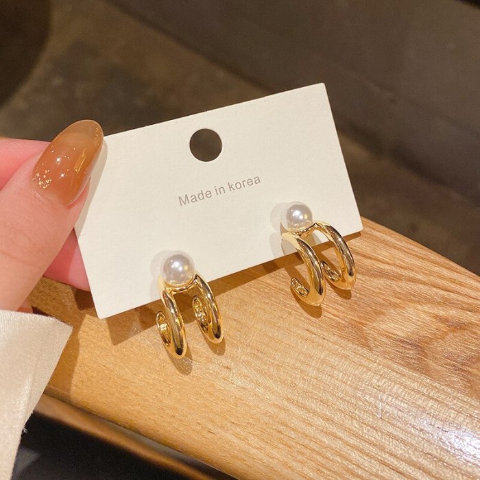 Wholesale Sterling Silver Pin Post Geometric Pearl Earrings Female Women Stud Earrings Fashion Jewelry Gift