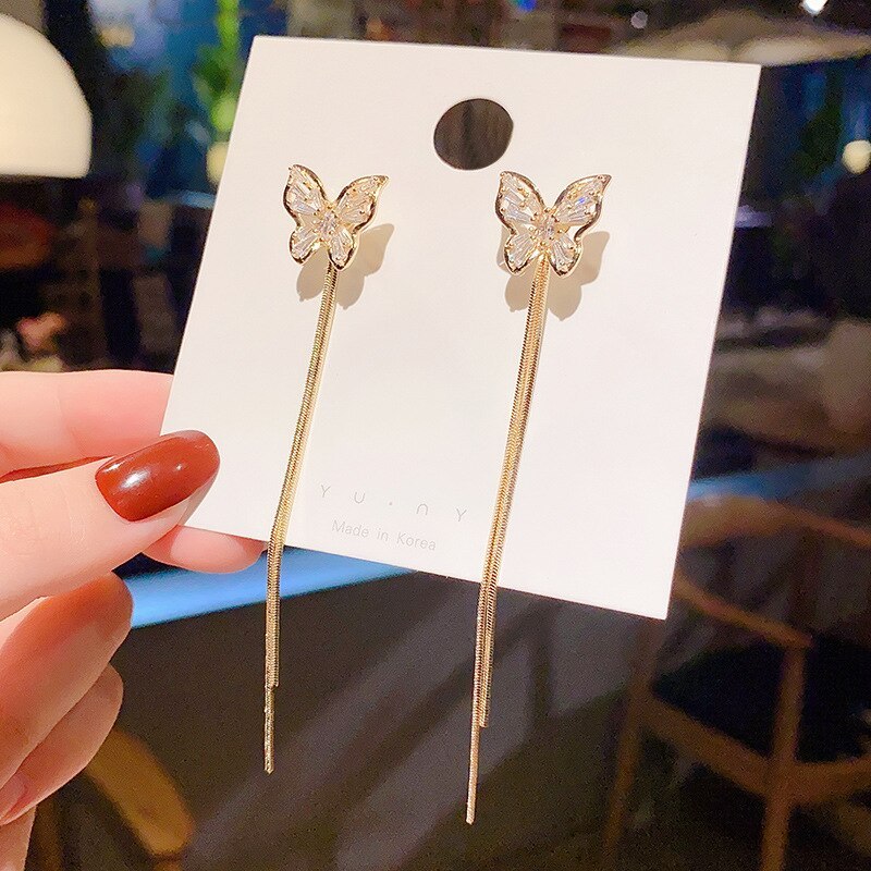 Wholesale Sterling Silver Pin Post Butterfly Zircon Earrings Women's Long Tassel Earrings Jewelry Gift
