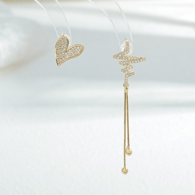 Wholesale Zircon Asymmetric  Love Heart Stud Earrings Female Women Sterling Silver Pin Post Tassel Earrings Jewelry Gift